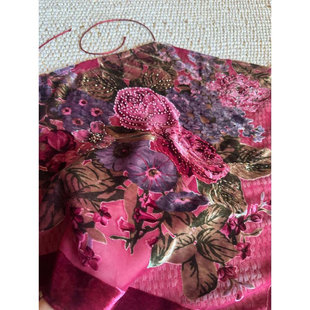 Vintage Aris A Silk Glass Beaded Fringe Velvet Floral Red Halter Top Holiday - Picture 4 of 8